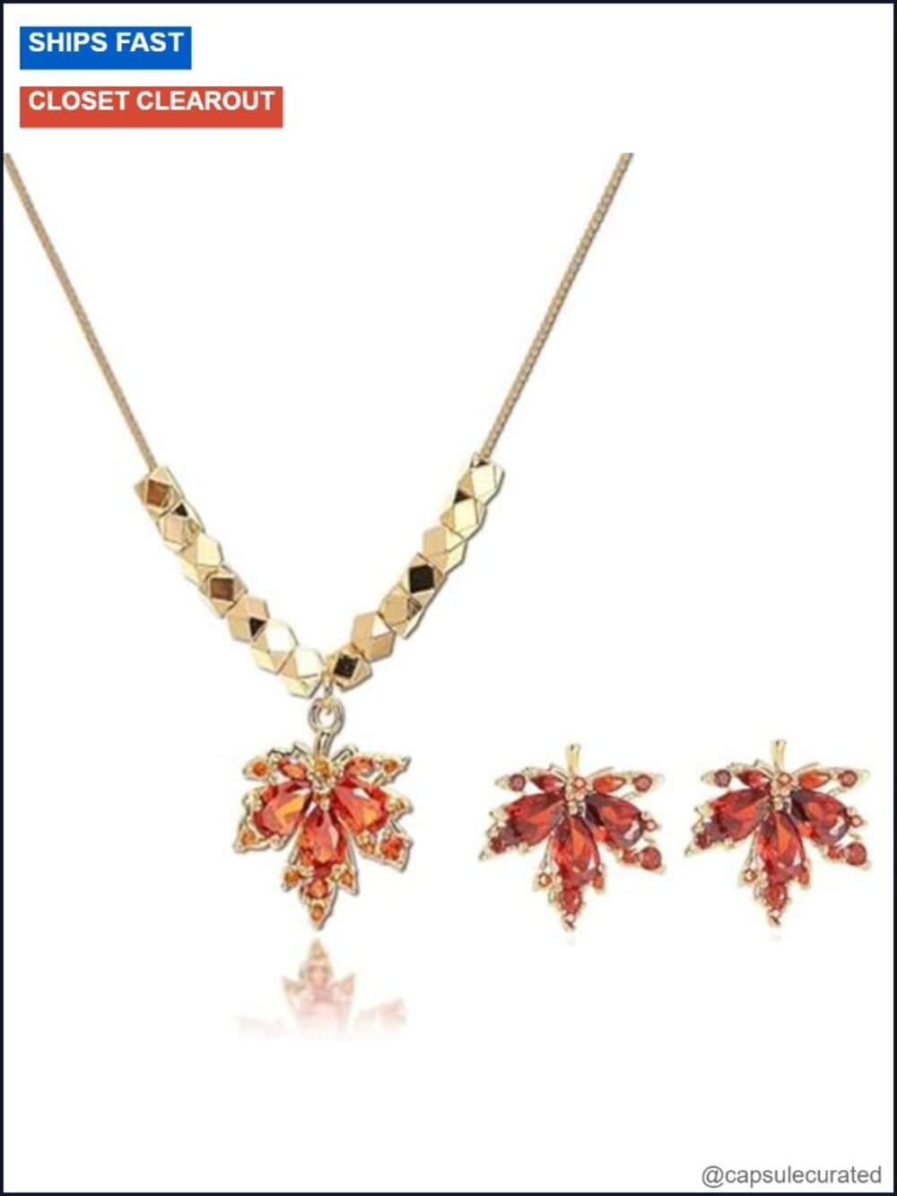 Rhinestone Crystal Maple Leaf Dangle Earrings & Necklace Jewelry Set Gold Tone